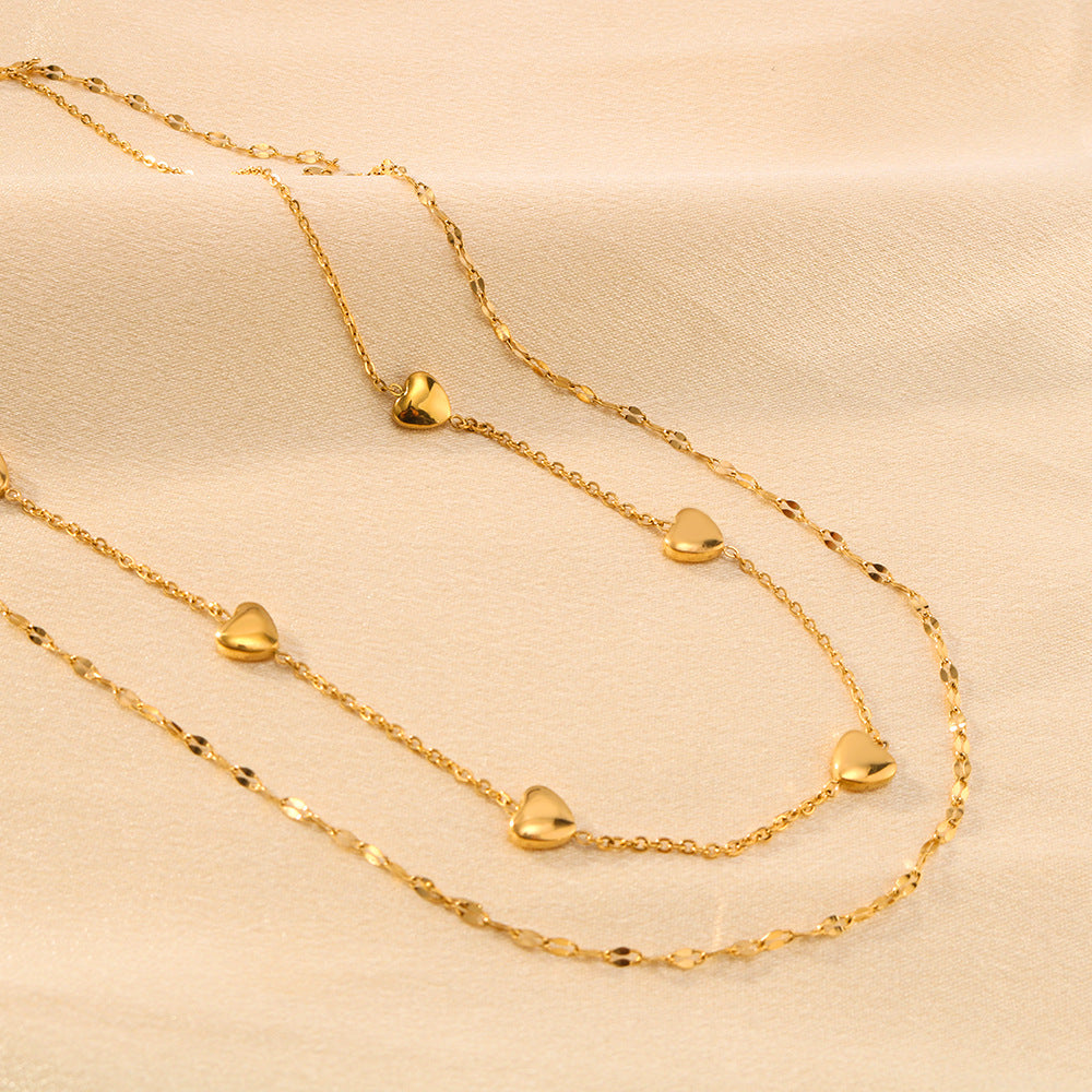 Minimalist Heart-Shaped Titanium Steel Pendant Necklace with Gold-Plated Stainless Steel Double Layer O-Chain for Women
