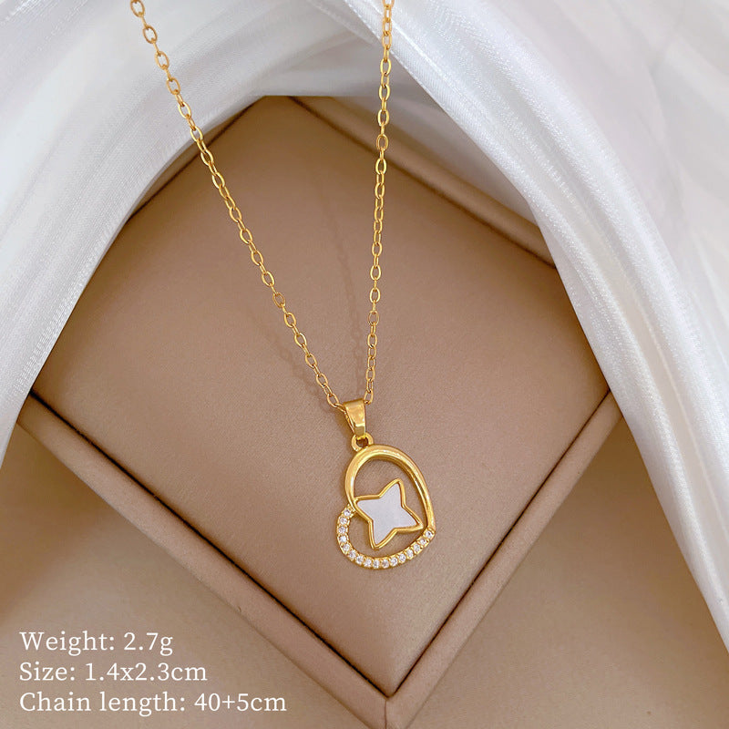 Collana con ciondolo a cuore e stella minimalista da donna, catena in acciaio inossidabile con intarsio di strass, elegante gioiello per clavicola