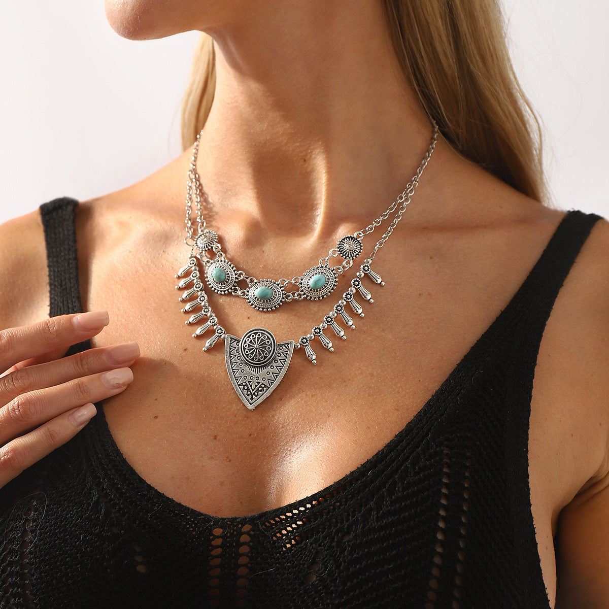 Collana Etnica Bohemien Vintage Turchese con Pendente Geometrico in Lega di Zinco Placcato per Donna
