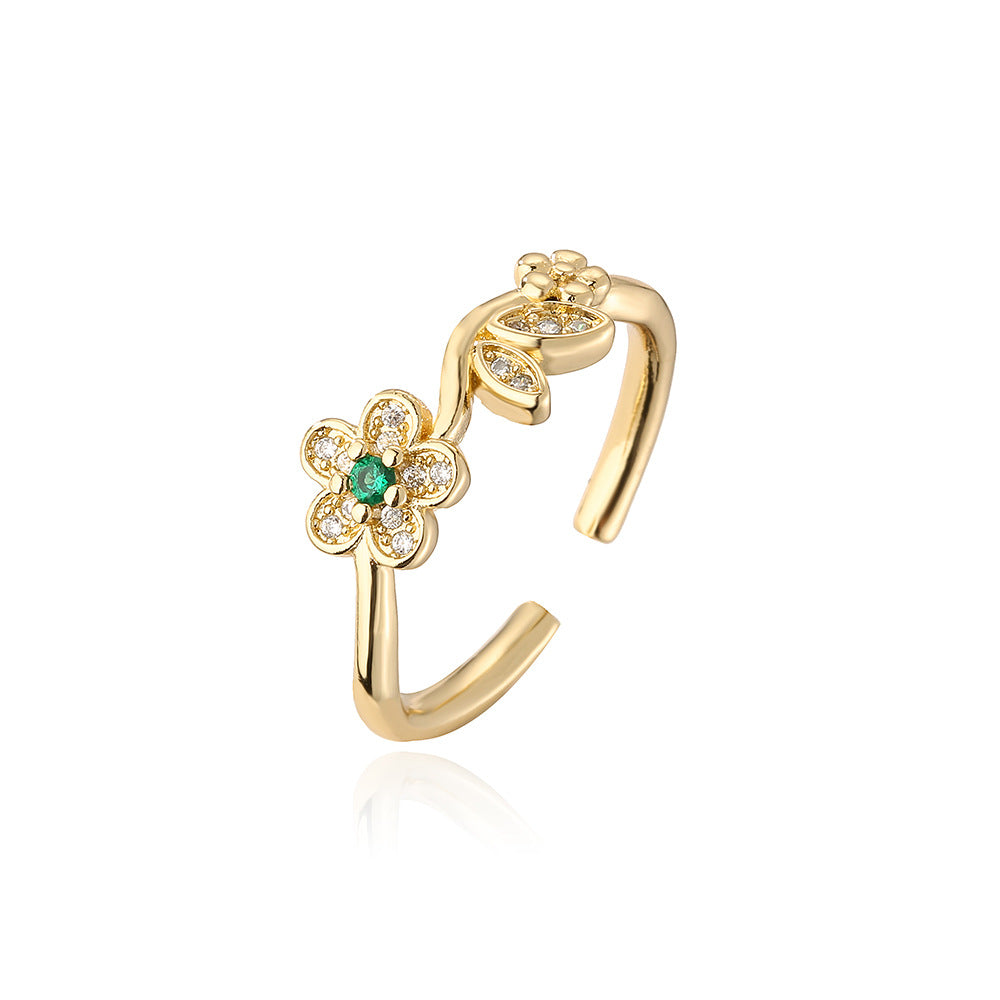 Minimalist Geometric Flower-Shaped Copper Ring with Real Gold Plating and Zircon Inlay for Women