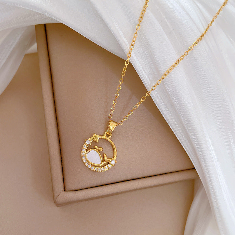 Luxury Fresh Geometric Shell Whale Circle Necklace for Women and Men Stainless Steel Chain with Rhinestone Inlay