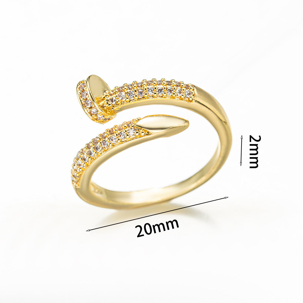 Fashionable Adjustable Open Ring for Women in Copper with 18K Gold Plating Featuring Heart Floral Geometric and Diamond-Inlaid Design