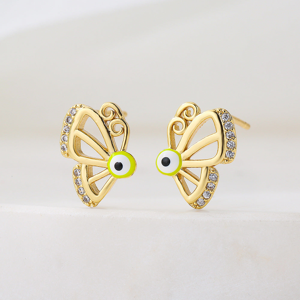 Minimalist Butterfly and Dragonfly Stud Earrings in Copper with 18K Gold Plating and Enamel Finish for Women