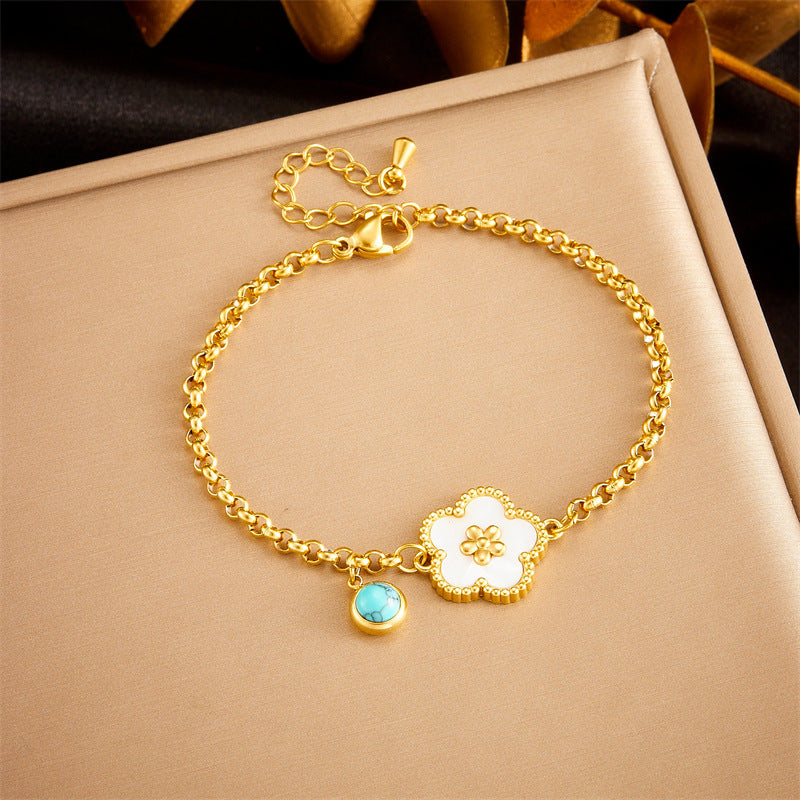 Vintage-Inspired Floral Five-Petal Flower Turquoise Shell Bracelet with Gold-Plated Stainless Steel Chain