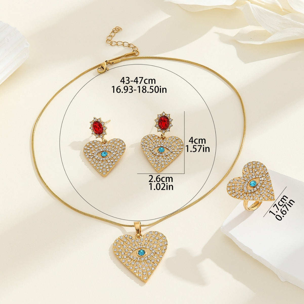 Luxury Heart-Shaped Rhinestone-Set Alloy Pendant Necklace with Matching Earrings and Bracelet for Women