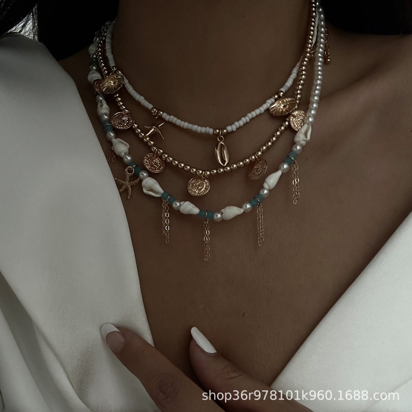 Unique Irregular Multi-Layer Geometric Starfish Alloy Necklace Set with Imitation Pearl for Women