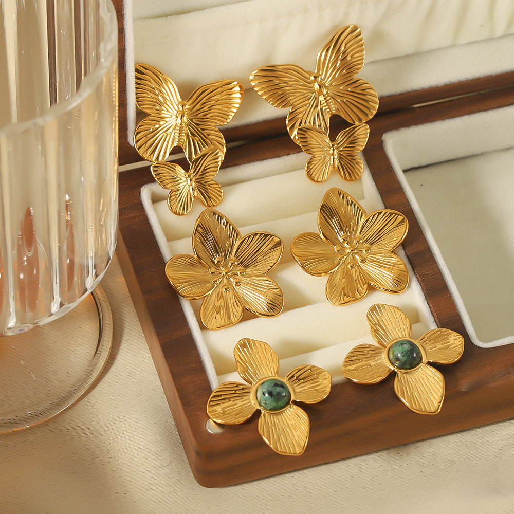 Vintage-Style Butterfly-Shaped Stainless Steel Earrings with 18K Gold Plating for Women