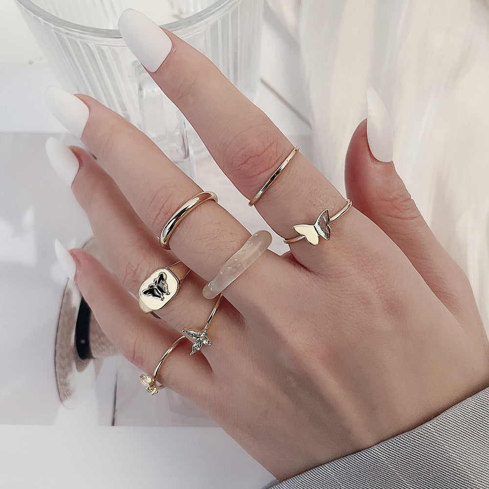 Sweet Streetwear Geometric Butterfly Drip Oil Crystal Inlay Alloy Acrylic Ring Set for Women