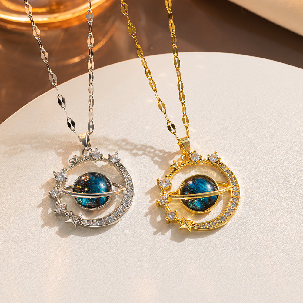 Light Luxury Geometric Starry Sky Pendant Necklace for Women Titanium Steel with Rhinestone Inlay O-Chain
