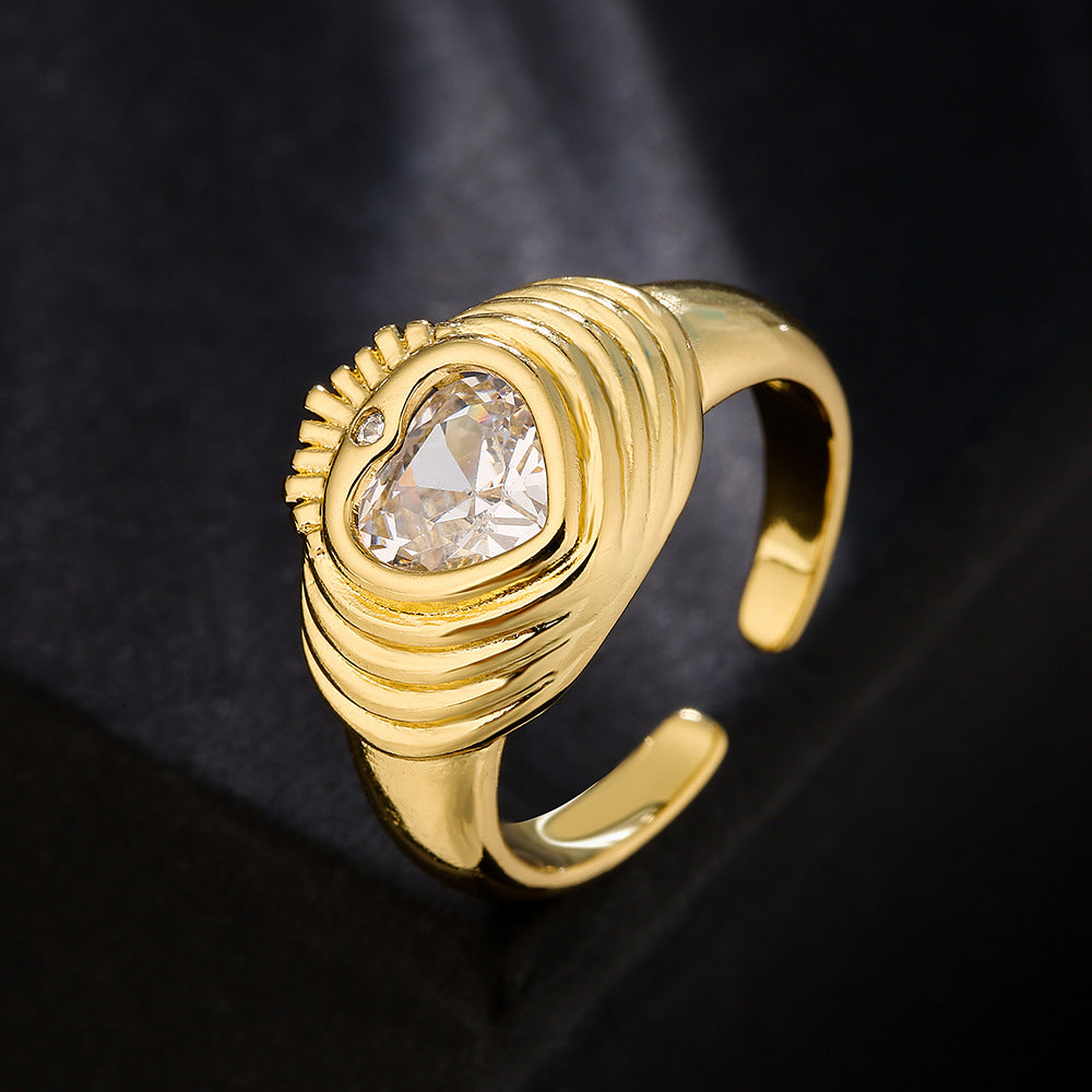 Anello aperto geometrico stile vintage da donna in rame placcato oro 18K con intarsio di zirconi