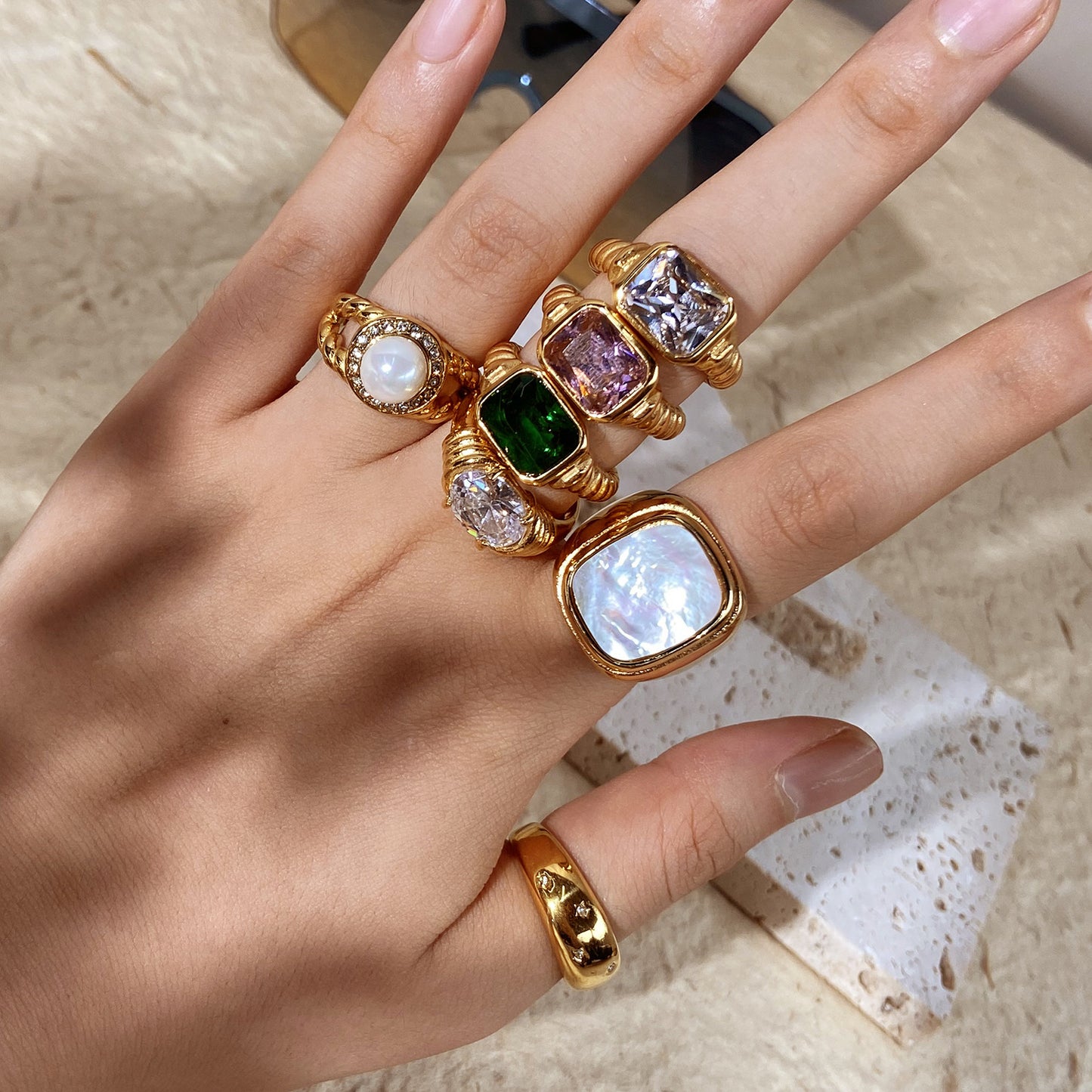 18K Gold Plated Geometric Round Stainless Steel Ring with Cubic Zirconia for Women