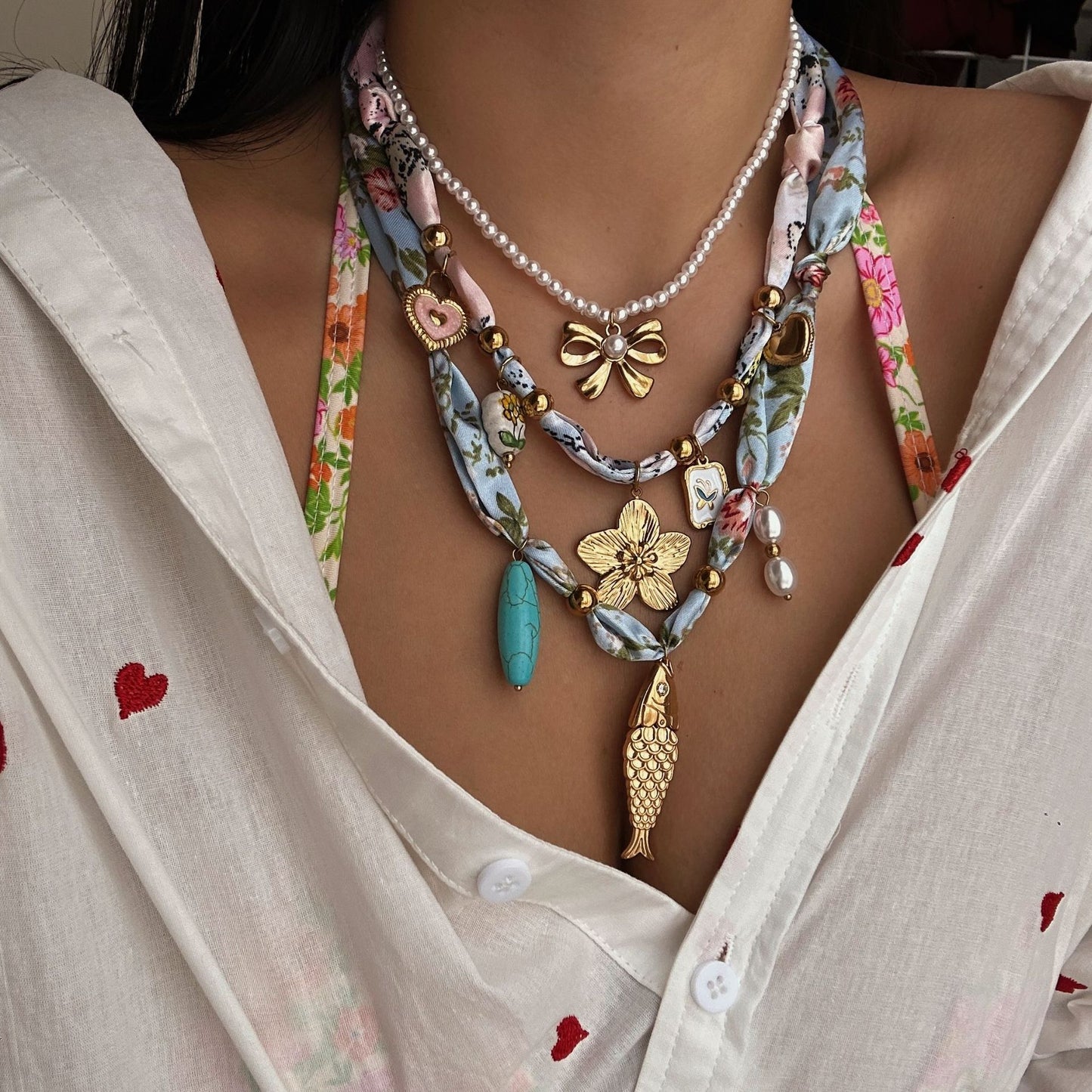 Casual Floral Heart Stainless Steel Plated Necklace with Ceramic Pendant for Women