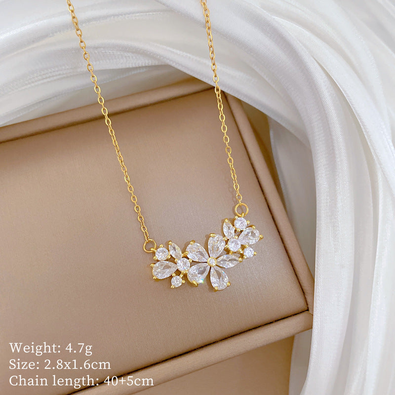 Sweet Minimalist Geometric Floral Cubic Zirconia Pendant Titanium Steel Necklace for Unisex