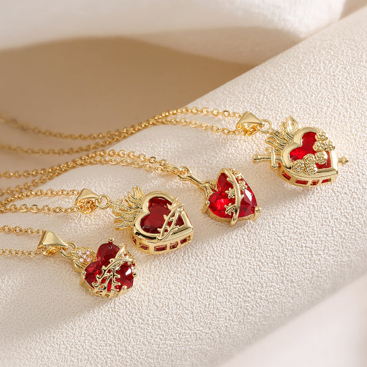 Fashionable Heart-Shaped Copper Pendant Necklace with 18K Gold Plating and Red Zircon for Women