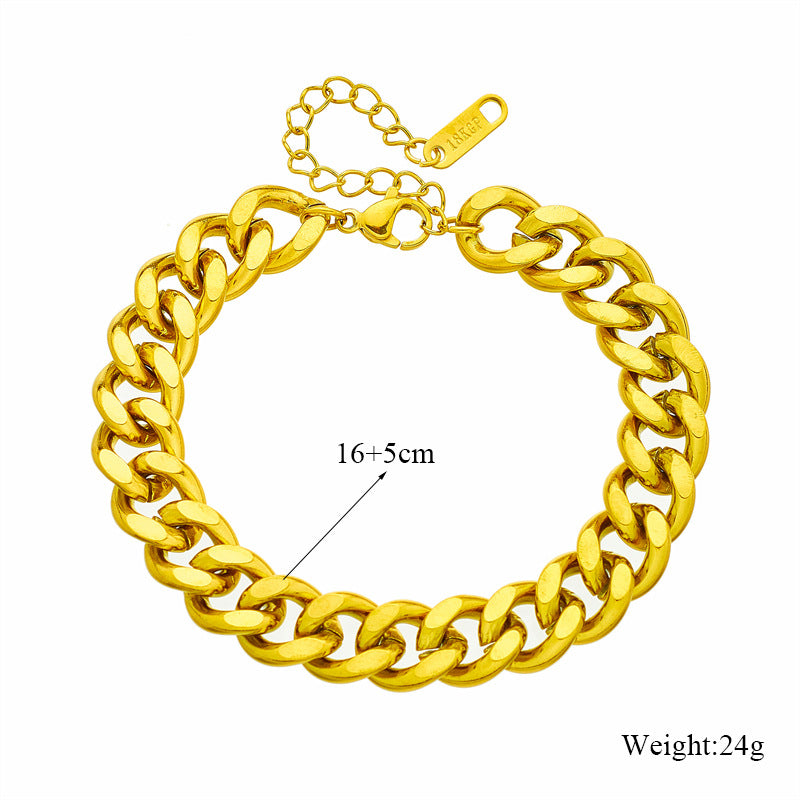Retro Punk Style Gold-Plated Titanium Steel Necklace and Bracelet Set with Minimalist Chain Design for Women