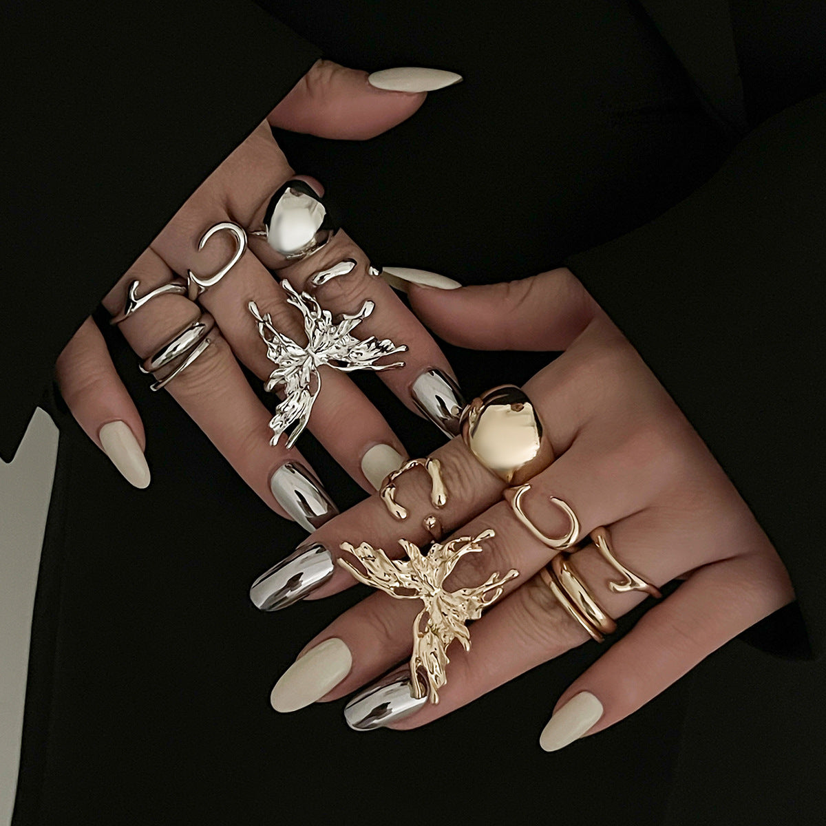 Minimalist Lava Butterfly Ring Set Geometric Animal-Shaped Open Band Stackable Metal Rings for Women
