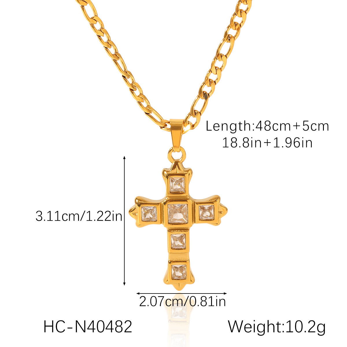 Minimalist Cross Pendant Necklace in Stainless Steel with Zircon Inlay on Figaro Chain for Women