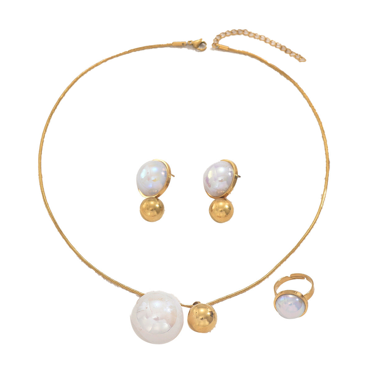 Conjunto de collar, pendientes y anillo de moda geométrica para mujer con incrustaciones de perlas, joyería de cobre, guardapelo y cadena