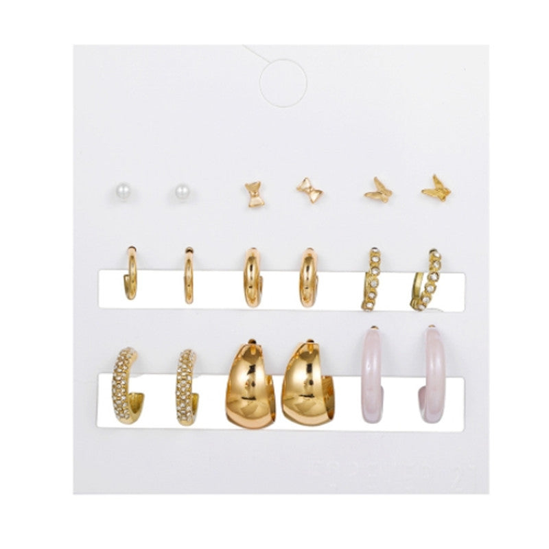 Sweet Geometric Heart Butterfly Alloy Stud Earrings with Rhinestone Pearl and Drip Oil