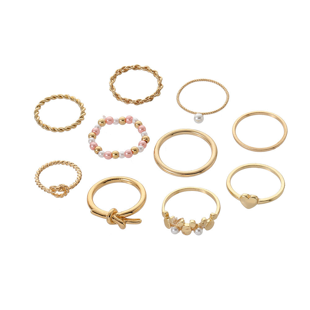 Sweet Gold Plated Geometric Heart Alloy Ring Set with Imitation Pearl for Women