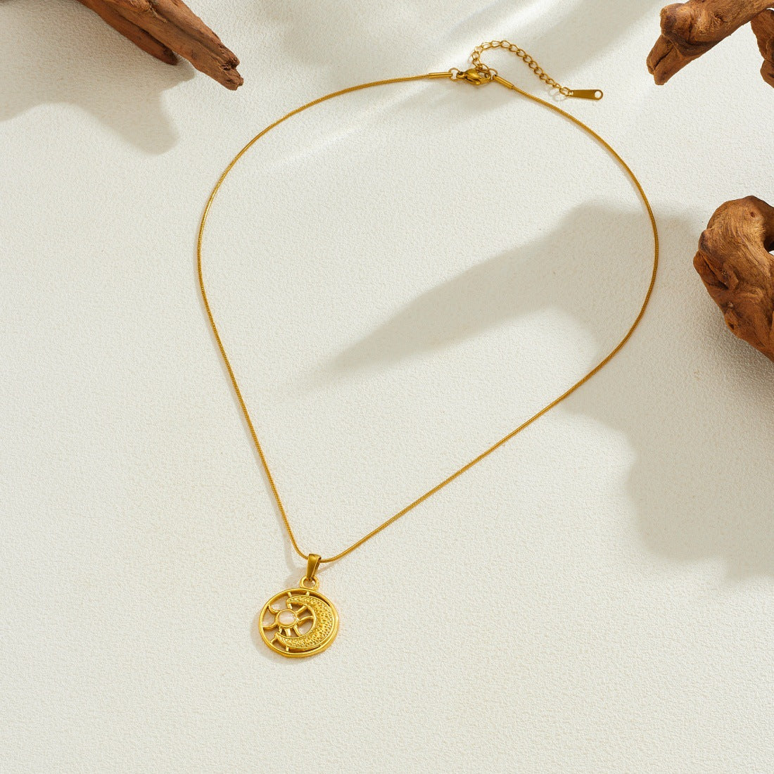 Minimalist Gold Plated Geometric Sun Moon Hollow Pendant Stainless Steel Snake Chain Necklace for Women