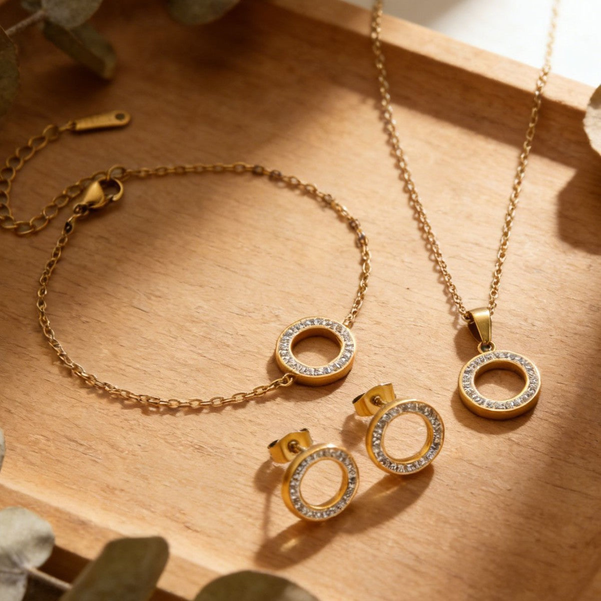 Set di gioielli minimalista geometrico rotondo in acciaio inossidabile placcato con zirconia cubica e catena a cavo per donna
