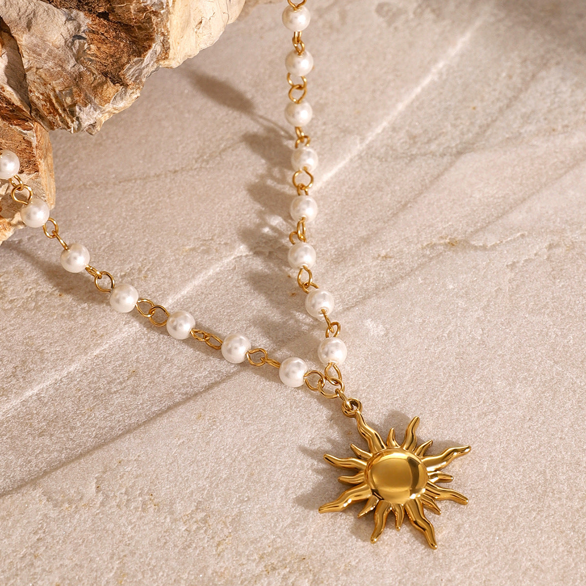 Elegant Stainless Steel Pearl Necklace Geometric Titanium Steel Pendant Plated Chain for Women