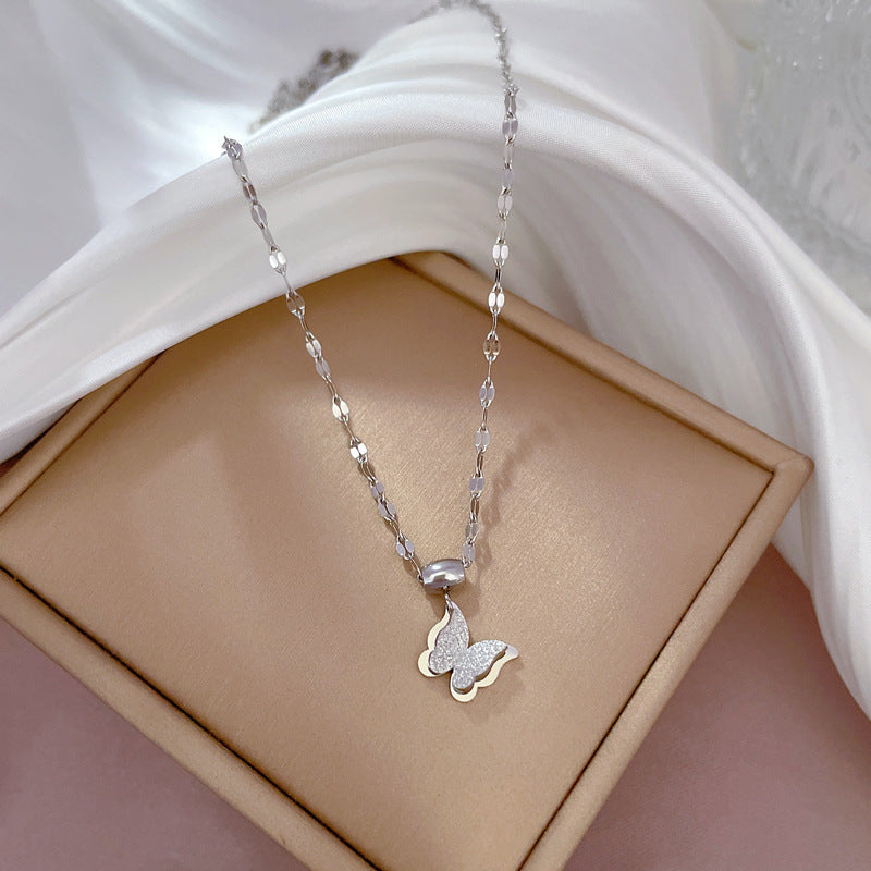Minimalist Luxury Butterfly Geometric Titanium Steel Collar Chain Women's Floral Pendant Necklace