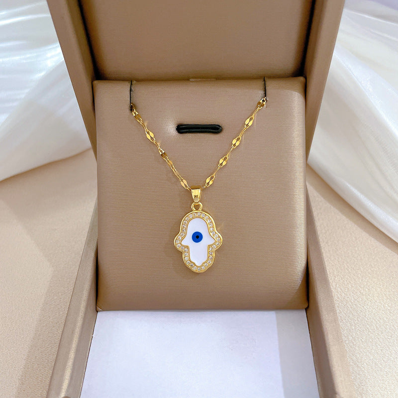 Collana con ciondolo a forma di occhio d'angelo geometrico naturale da donna in acciaio inossidabile con strass micro-pavé su catena a labbra