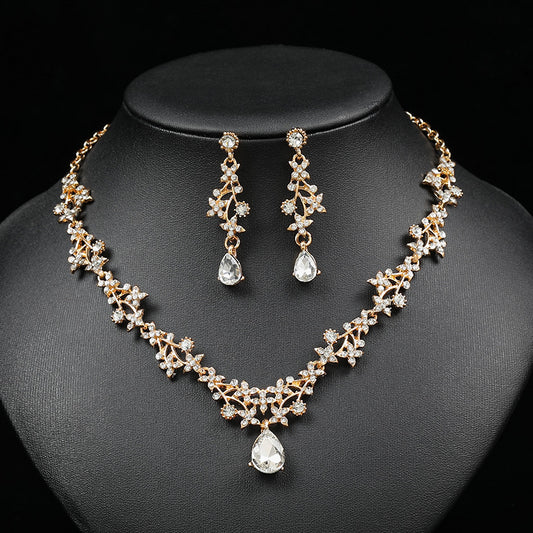 Juego de collar con colgante de gota de aleación dulce y fresca con estampado floral y detalles de diamantes de imitación para mujer