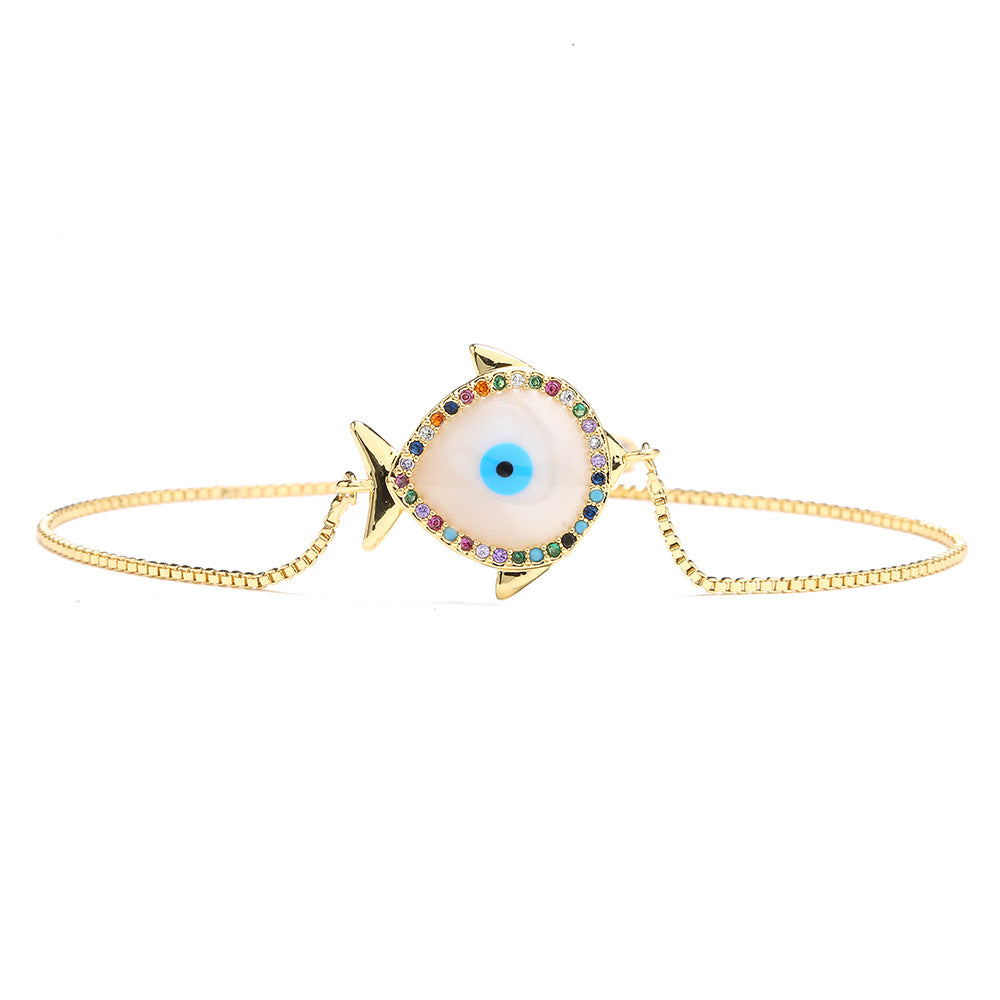 Minimalist Geometric Evil Eye Bracelet Copper 18K Gold Plated Rhinestone Enamel Adjustable Women Jewelry