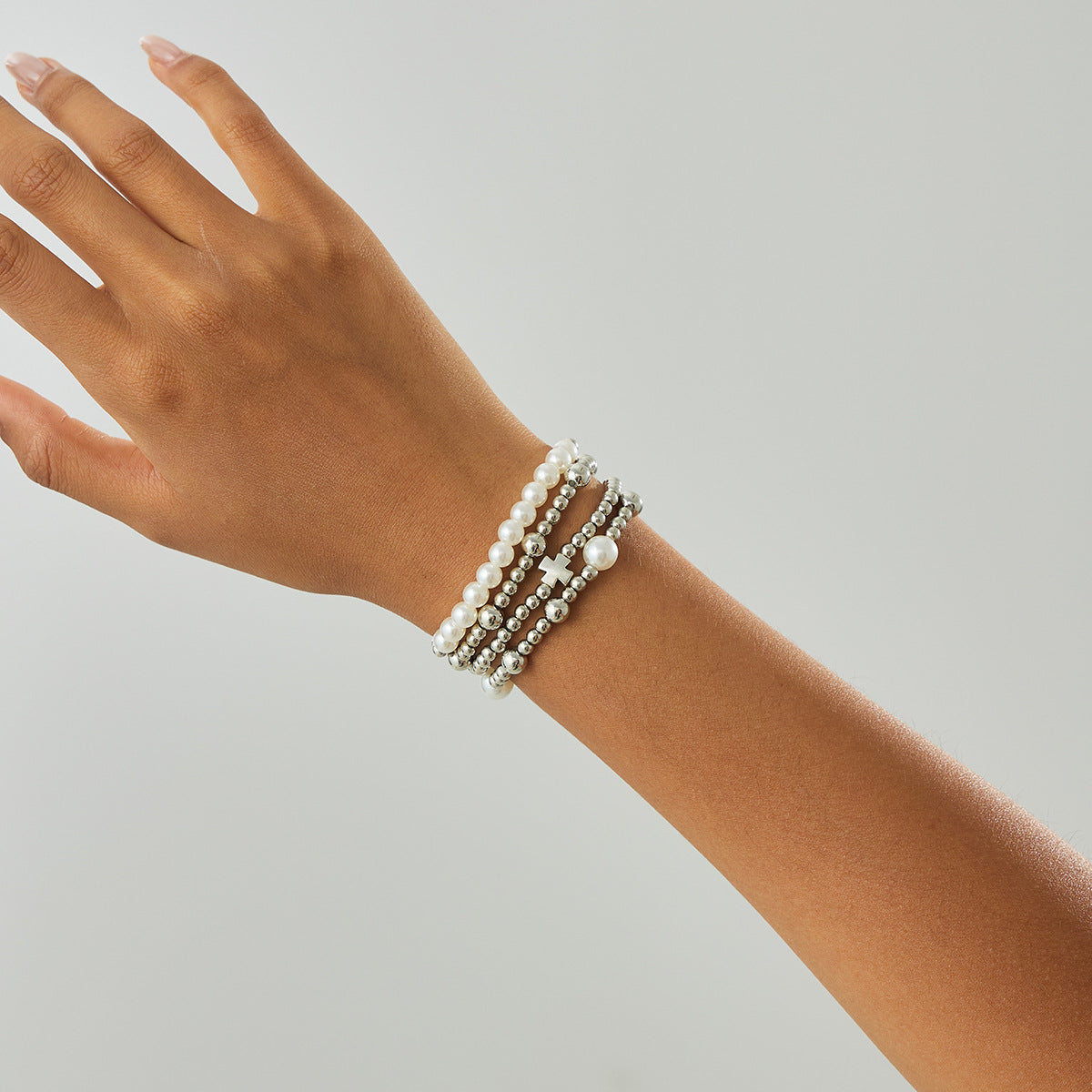 Minimalist Geometric Acrylic Beaded Stretch Bracelet Set with Cross Charm for Women