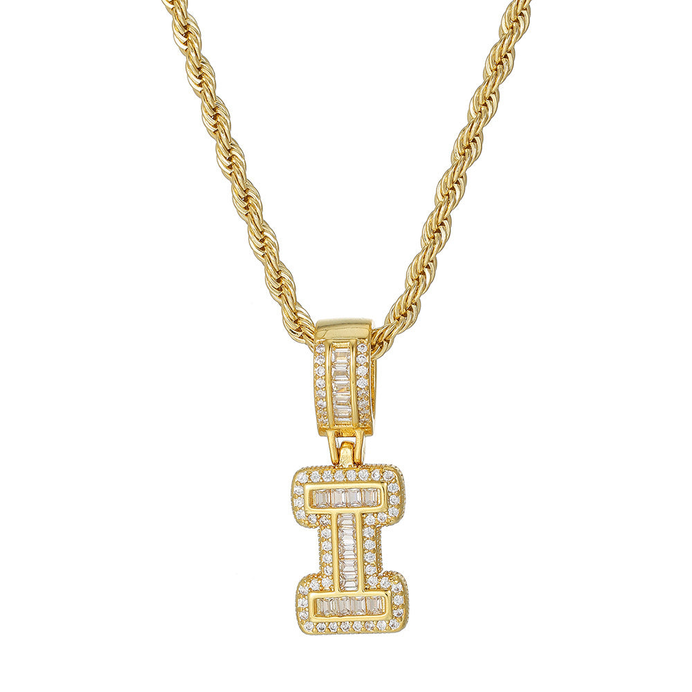 Personalized 18K Gold Plated Brass Cubic Zirconia Letter Pendant Necklace with Stainless Steel Rope Chain