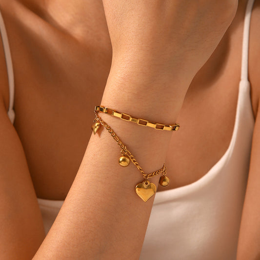 Elegante bracciale a catena da donna placcato oro 18 carati in acciaio inossidabile con ciondolo a doppio strato a forma di cuore