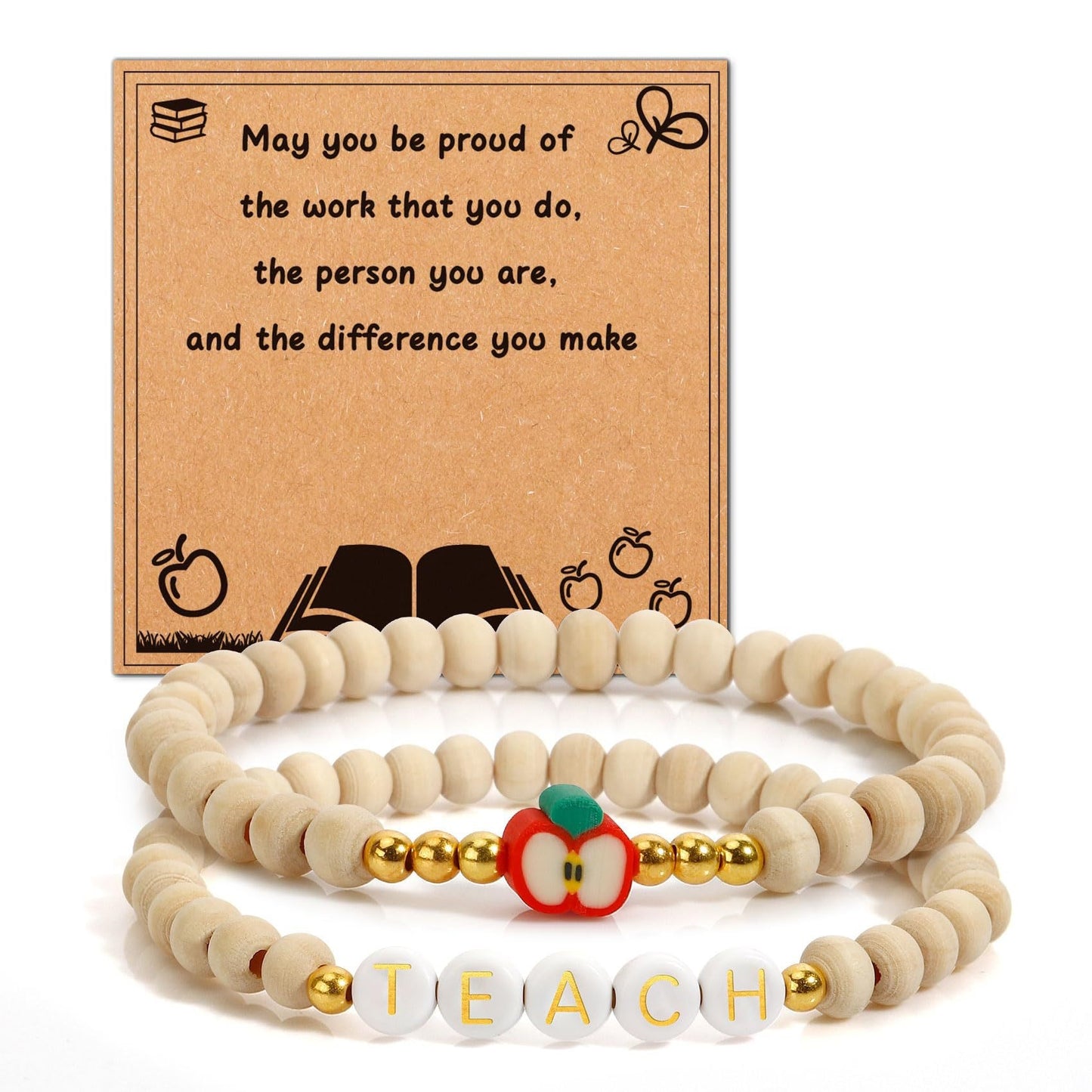 Handmade Wood Bead Apple Charm Bracelet for Women