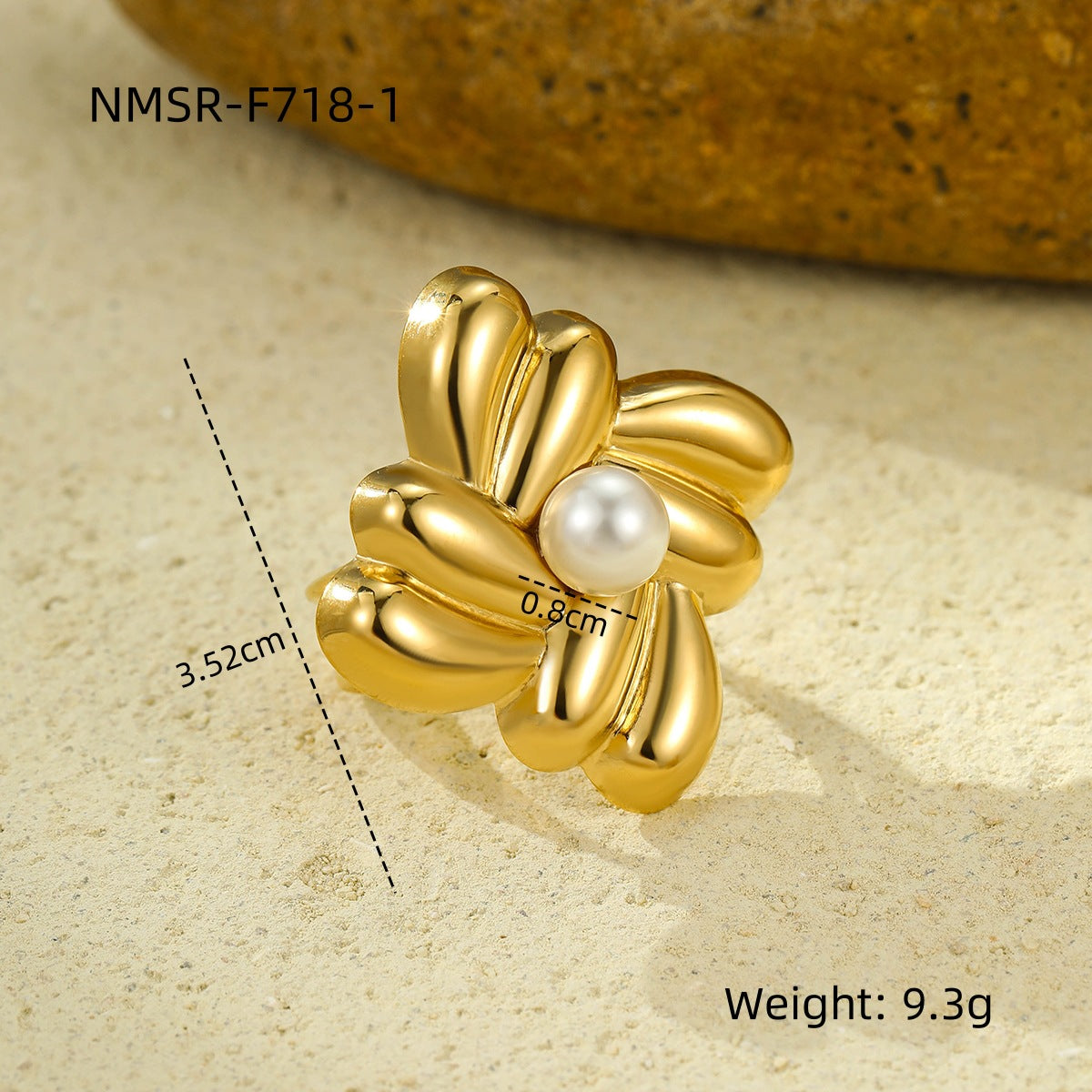 Anillo de acero de titanio cuadrado geométrico con baño de oro e incrustaciones de perlas para mujer