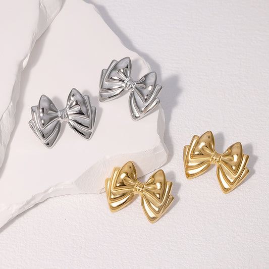 Cute Bow-Shaped Stainless Steel Gold-Plated Earrings for Women with Minimalist and Fresh Sweet Style