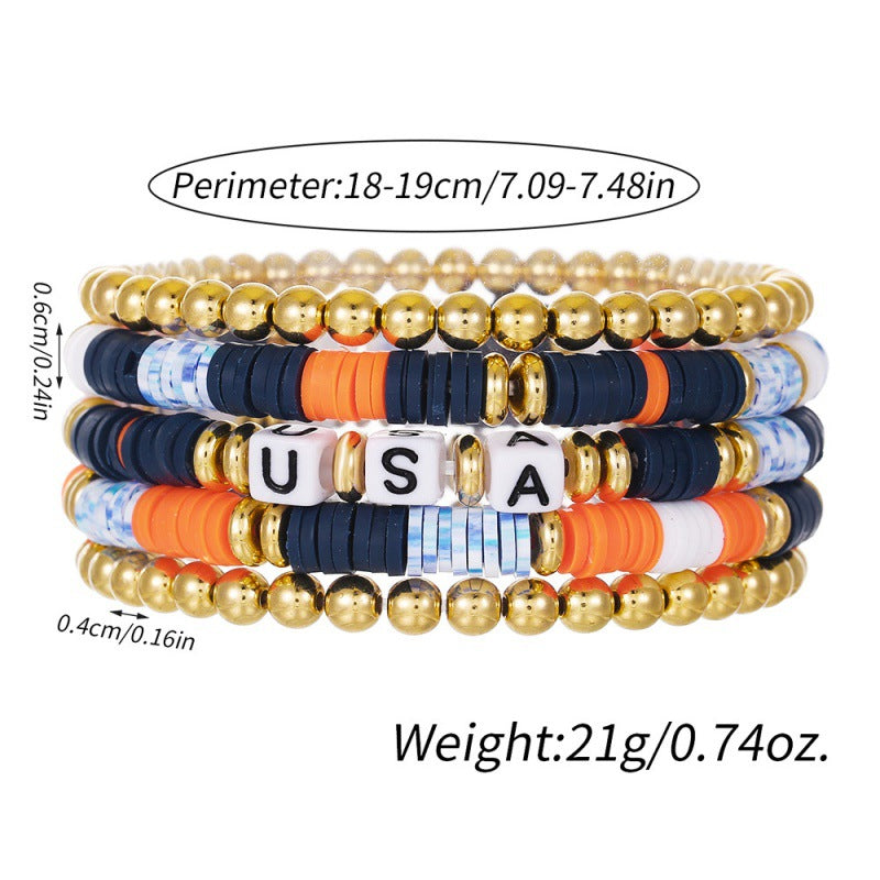 Set di braccialetti con perline acriliche tonde con lettere, unisex, stile USA