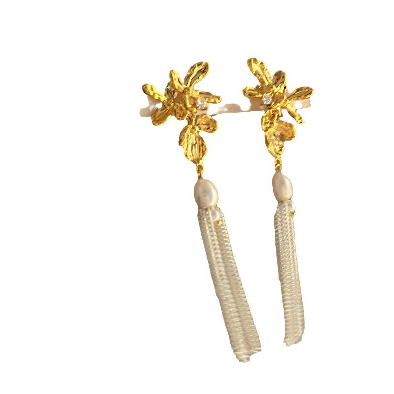 Pendientes colgantes florales de estilo lujoso con incrustaciones de pedrería y detalles de perlas para mujer