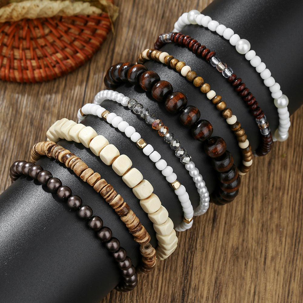 Bohemian Round Wood Bead Bracelet with Imitation Pearl and Crystal Inlay for Unisex