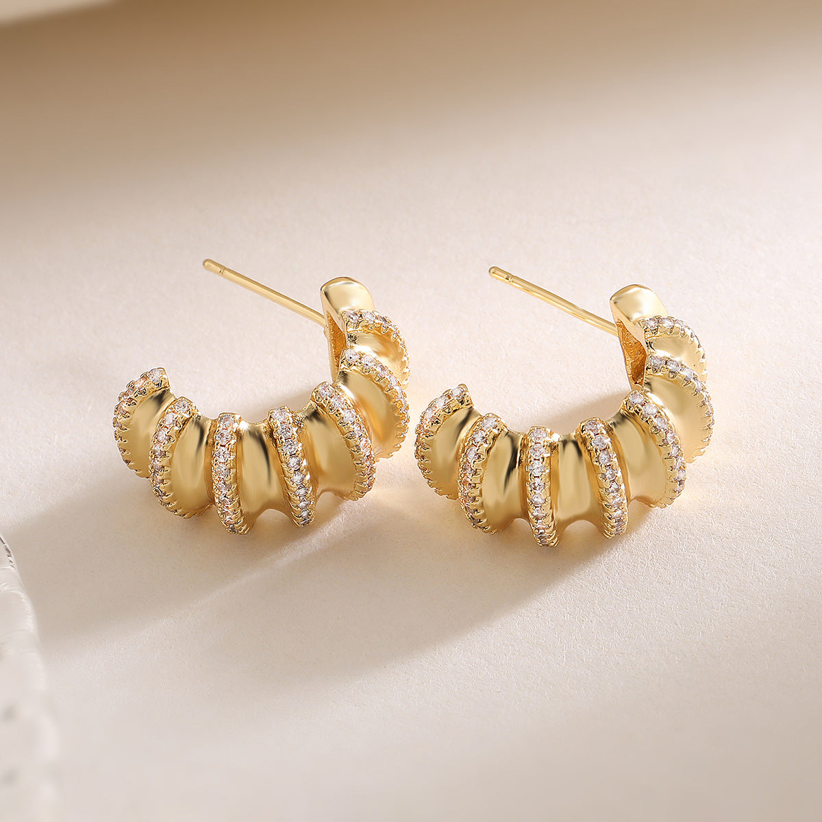 Minimalist Geometric C-Shaped Copper Earrings with 18K Gold Plating and Micro-Paved Zirconia for Women