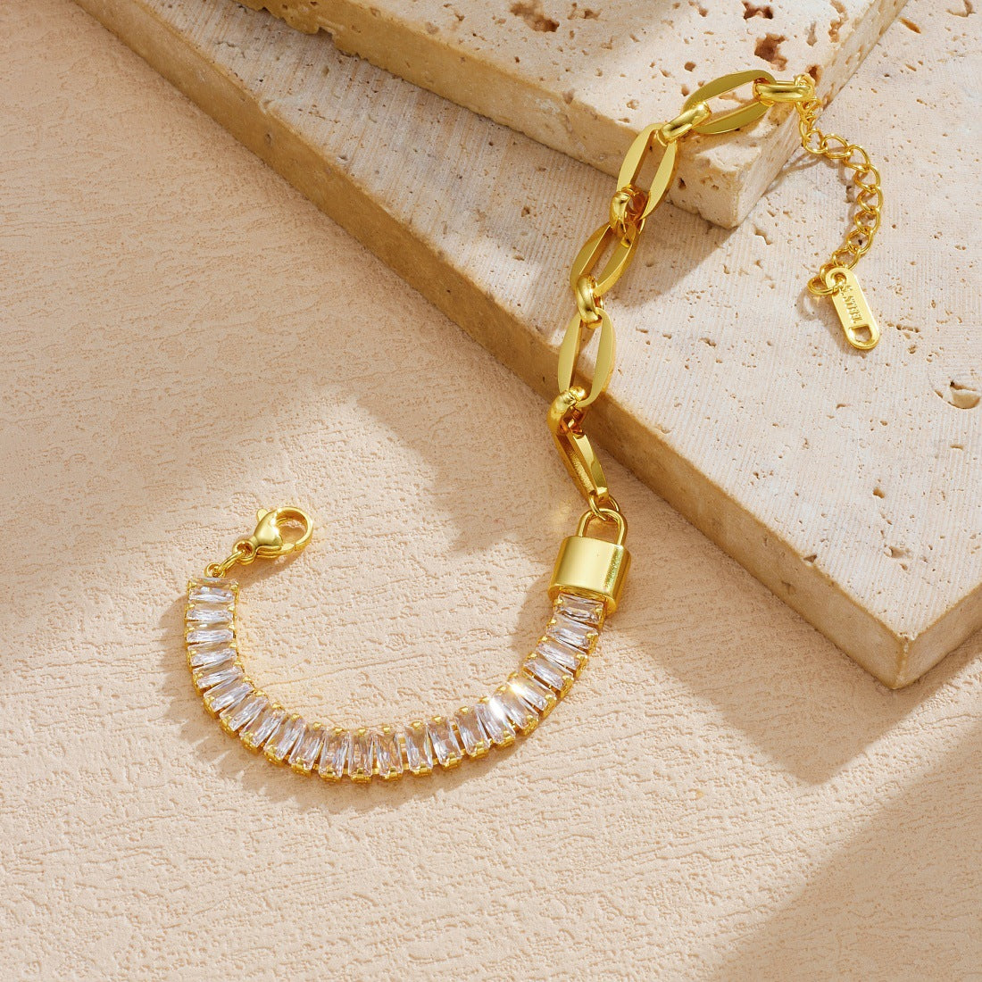 Vintage Gold Plated Lock Rhinestone Asymmetric Stainless Steel Bracelet for Women