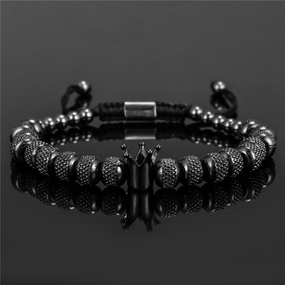 Vintage Geometric Crown Stainless Steel Brass Beaded Bracelet for Men and Women