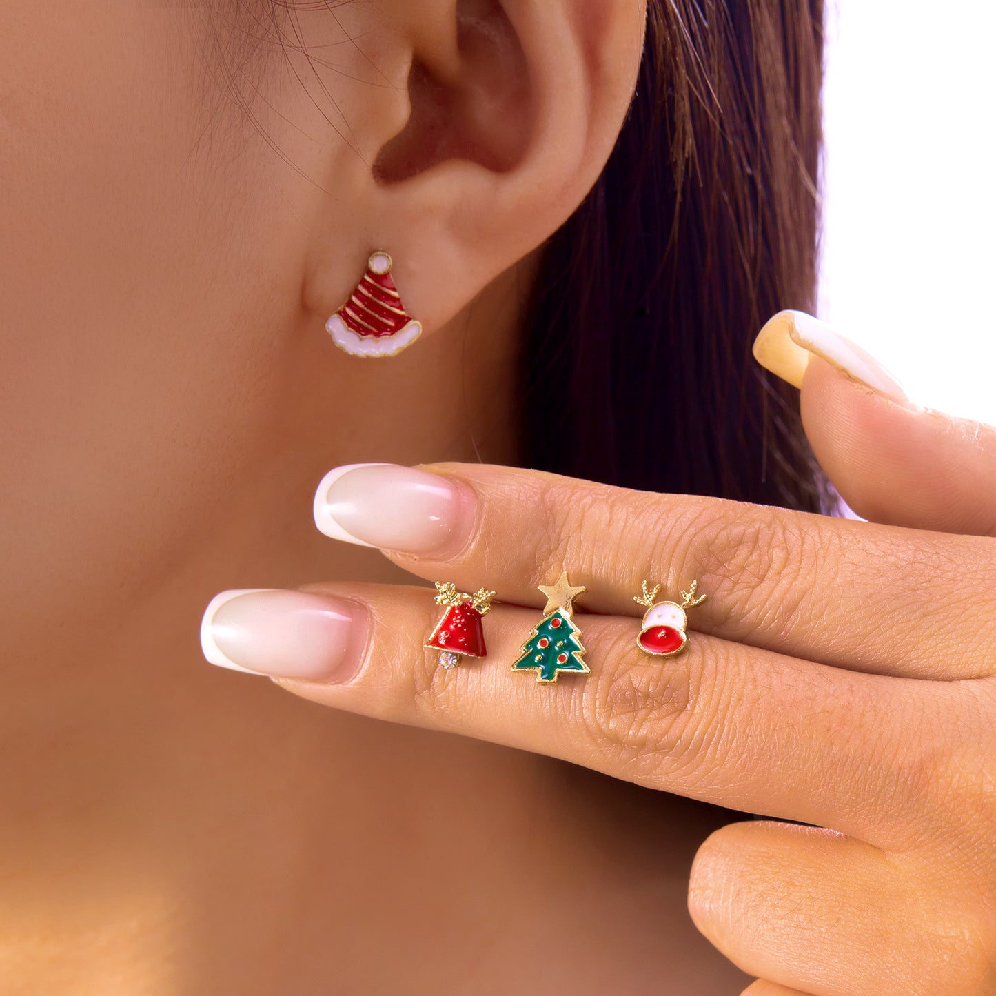 Christmas-Themed Animal-Shaped Alloy Hoop Earrings Set with Santa Tree Cane Gingerbread Man and Reindeer Designs Plated Finish