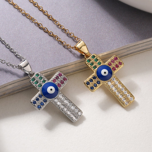 Vintage Minimalist Gold Plated Brass Cross Pendant Necklace with Cubic Zirconia Evil Eye for Women