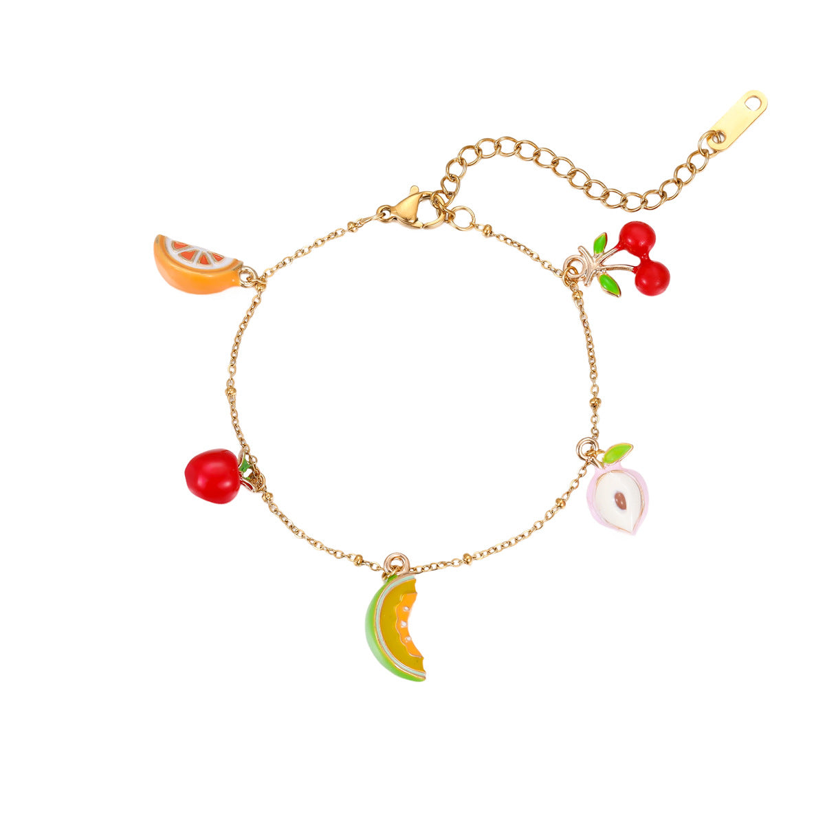 Fashionable OL Style Geometric Stainless Steel Bracelet with Cherry and Apple Fruit Motifs, Electroplated for Fade-Resistant Wear