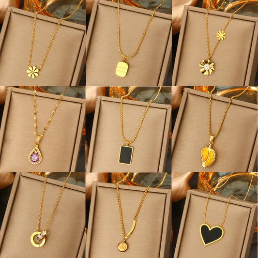 Elegant Titanium Steel Plated Multi-Layer Necklace with Heart Star Floral Geometric and Letter Pendants for Women