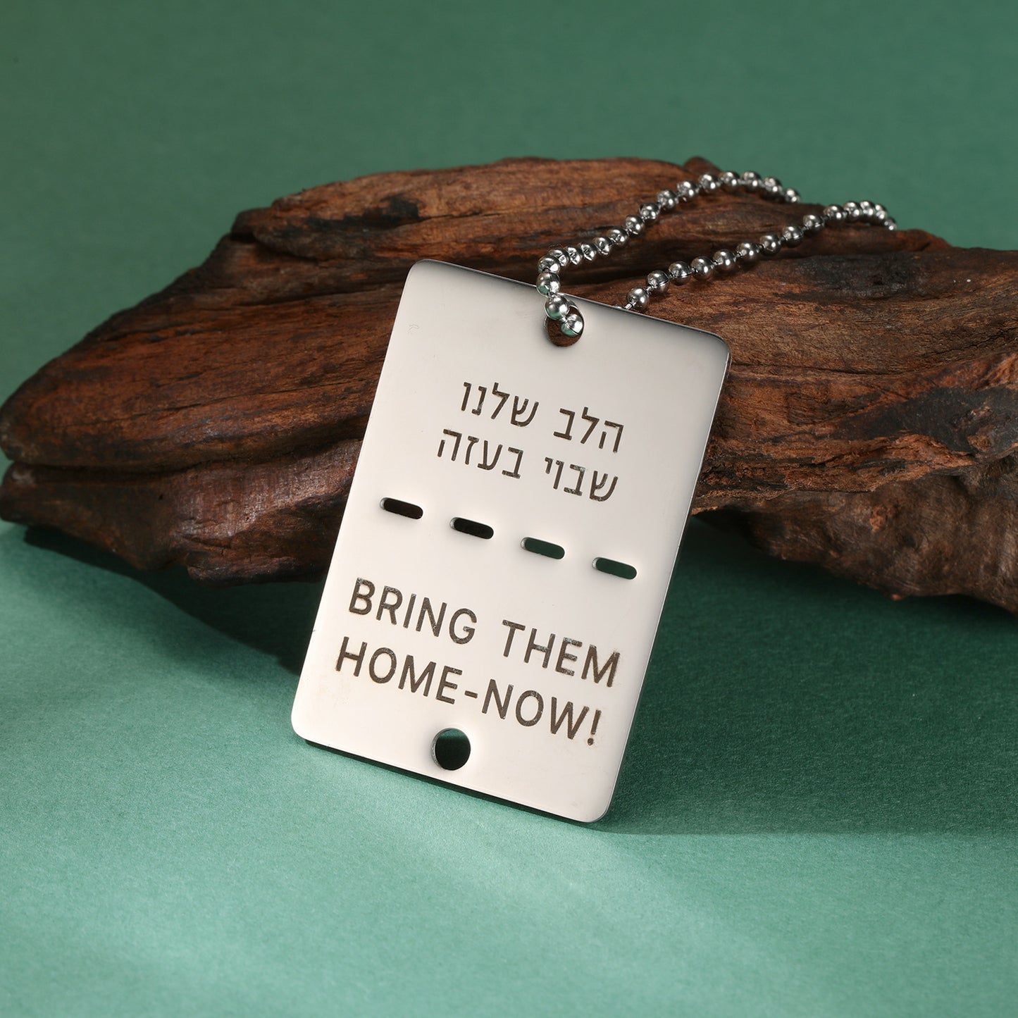 Minimalist Geometric Hebrew Script 'Bring Them Home Now' Pendant Necklace in Stainless Steel with Titanium Steel Charm and Plated Finish