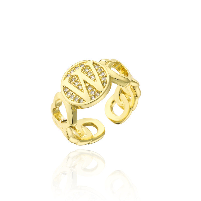 18K Gold Plated Brass Micro-Paved Cubic Zirconia Heart Letter Cuban Link Chain Open Ring for Women