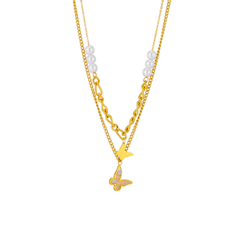 Collana da donna in acciaio al titanio con ciondolo a farfalla con perline irregolari a doppio strato in stile vintage
